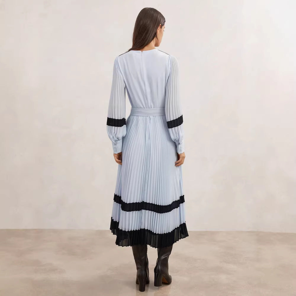 Color-blocked Round-neck Lace-trimmed Dress With A Belt