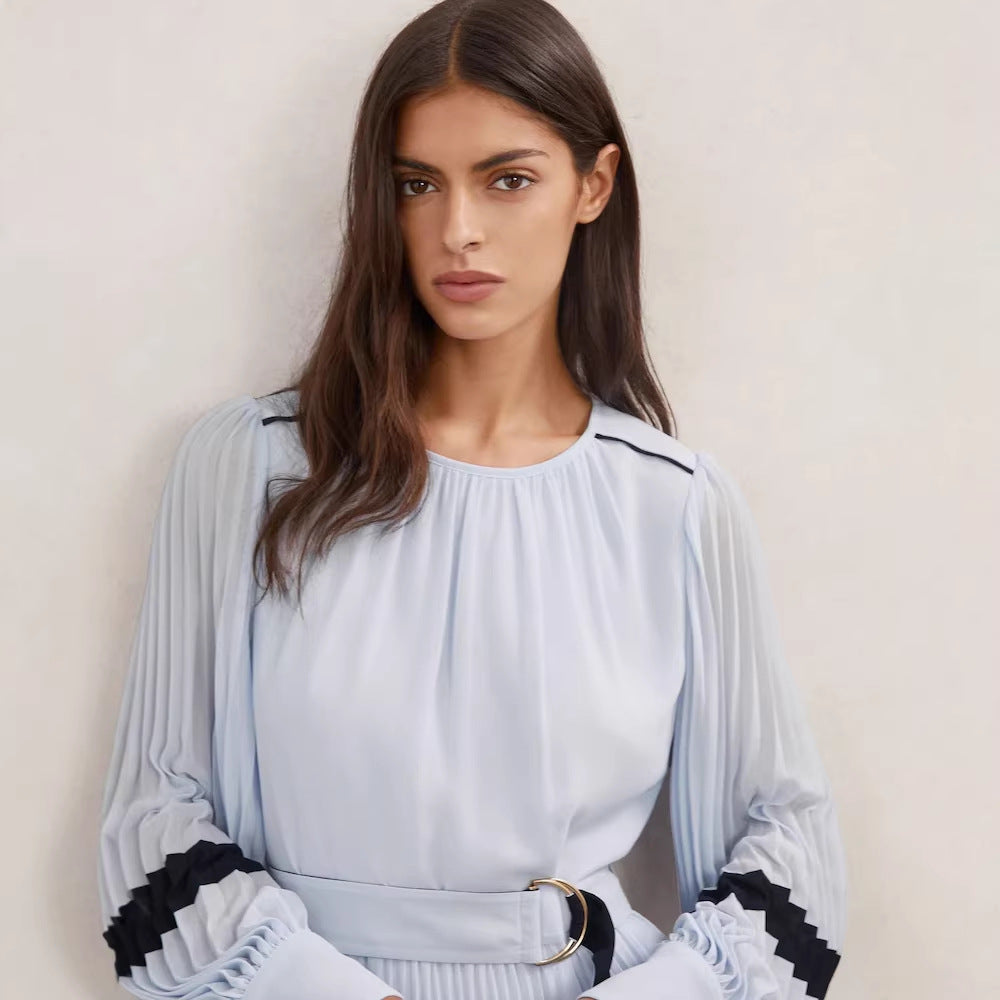 Color-blocked Round-neck Lace-trimmed Dress With A Belt