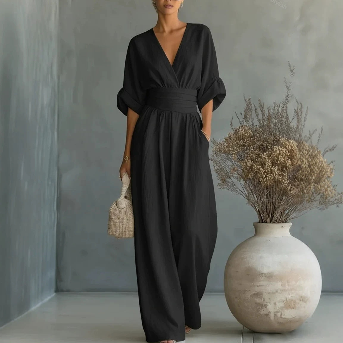 Summer Short-sleeved Jumpsuit Fashion Casual V-Neck Wide-Leg Pants Women Clothing