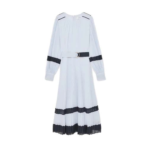 Color-blocked Round-neck Lace-trimmed Dress With A Belt