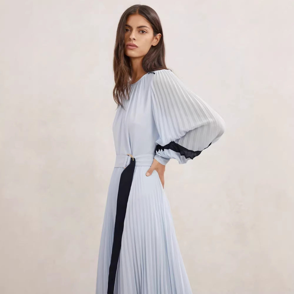 Color-blocked Round-neck Lace-trimmed Dress With A Belt